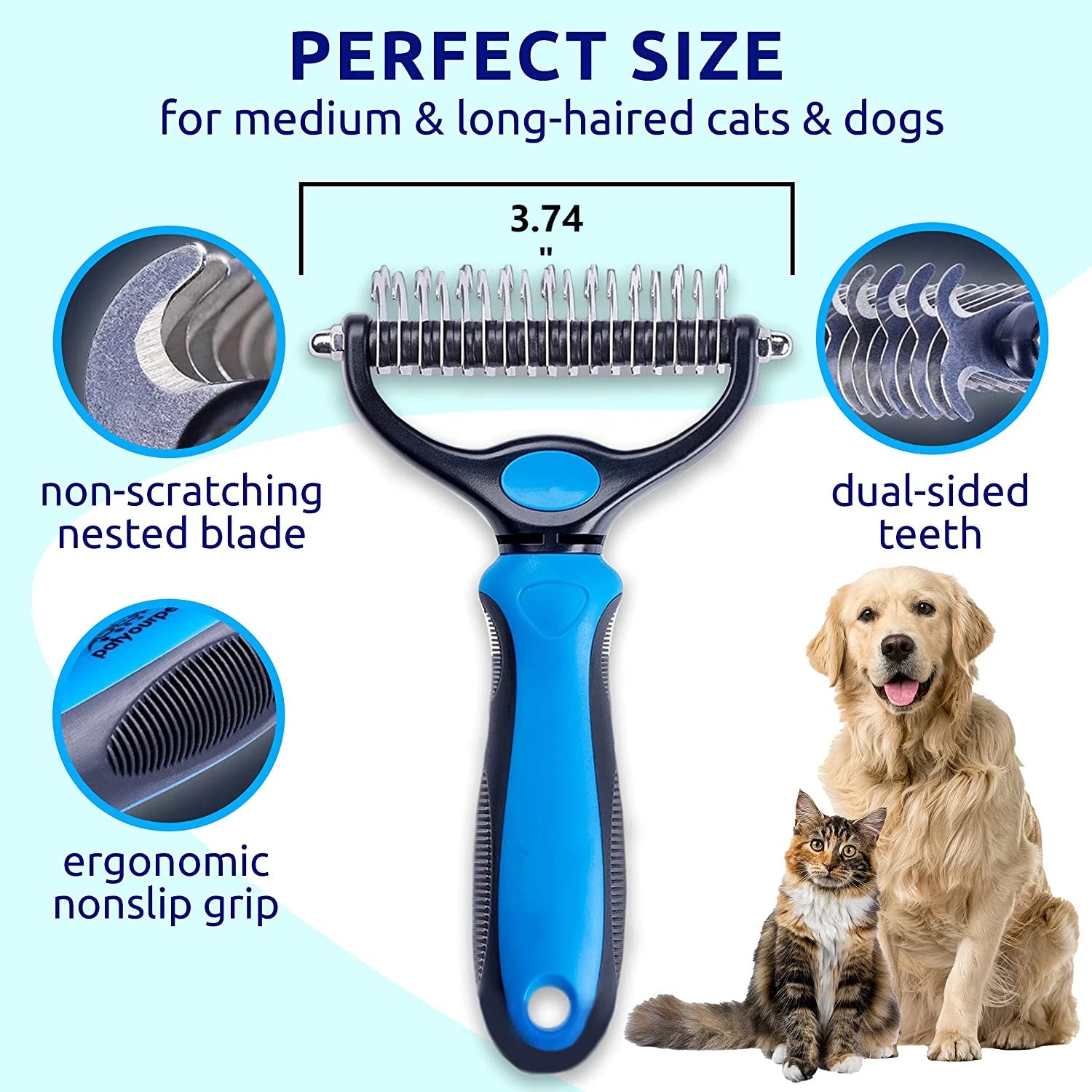 Brosse de démêlage double face pour animaux de compagnie, râteau sous-poil pour chiens et chats, peigne de perte et outil de démêlage pour le toilettage, extra large